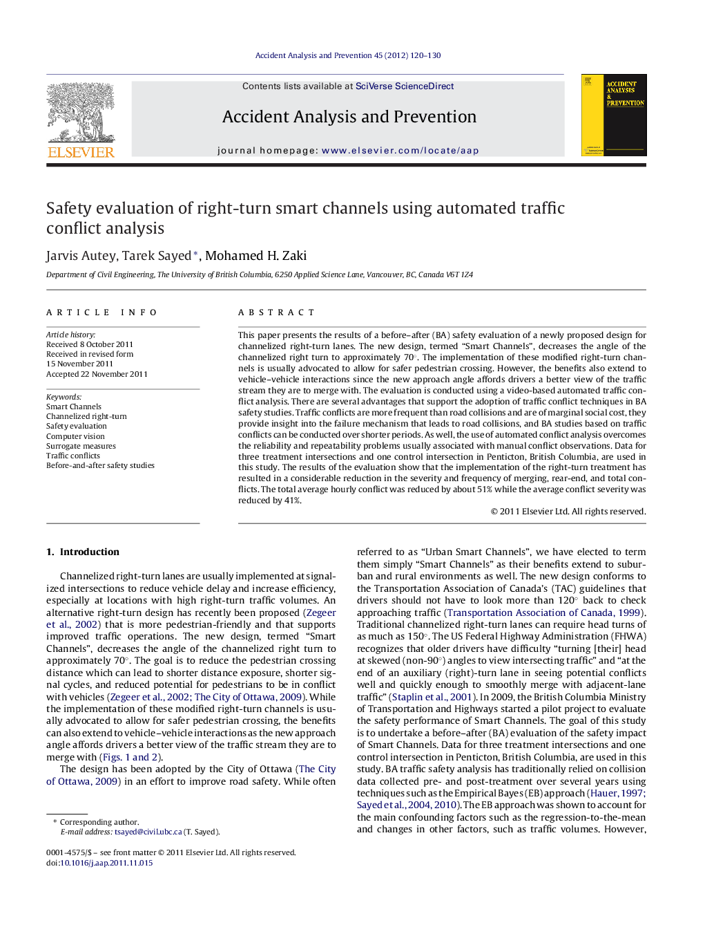 Safety evaluation of right-turn smart channels using automated traffic conflict analysis