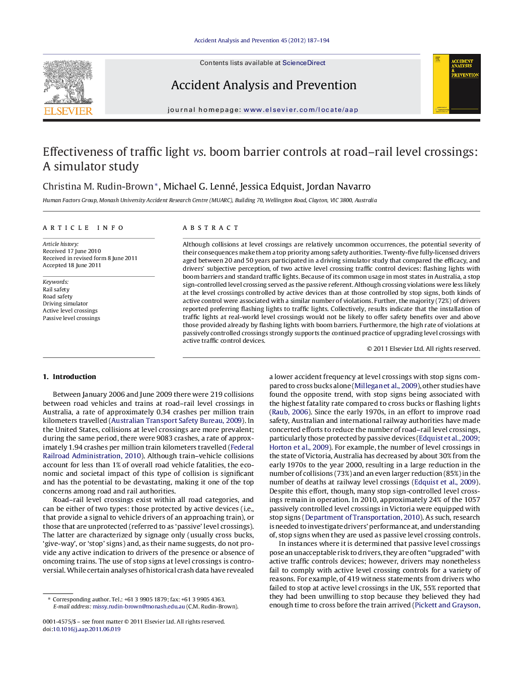 عکس صفحه اول مقاله: Effectiveness of traffic light vs. boom barrier controls at road-rail level crossings: A simulator study Effectiveness of traffic light vs. boom barrier controls at road-rail level crossings: A simulator study
