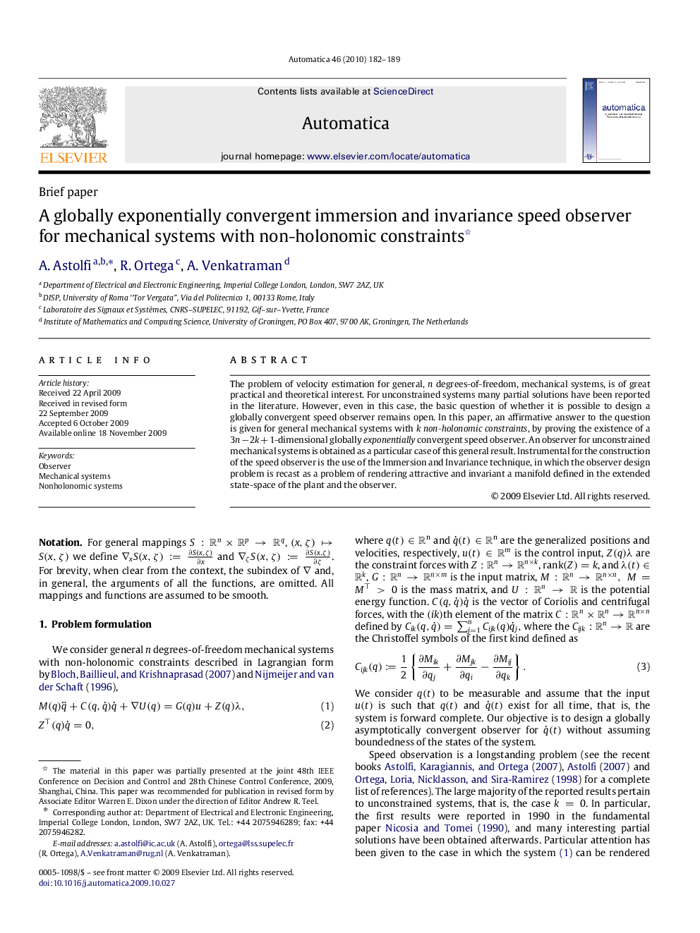 A globally exponentially convergent immersion and invariance speed observer for mechanical systems with non-holonomic constraints 