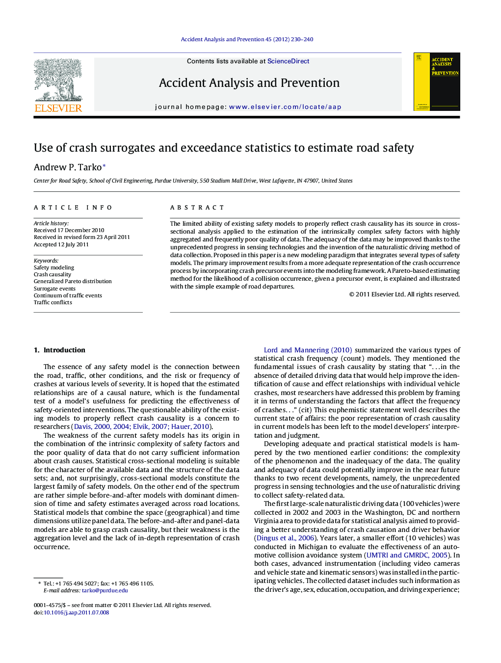 Use of crash surrogates and exceedance statistics to estimate road safety