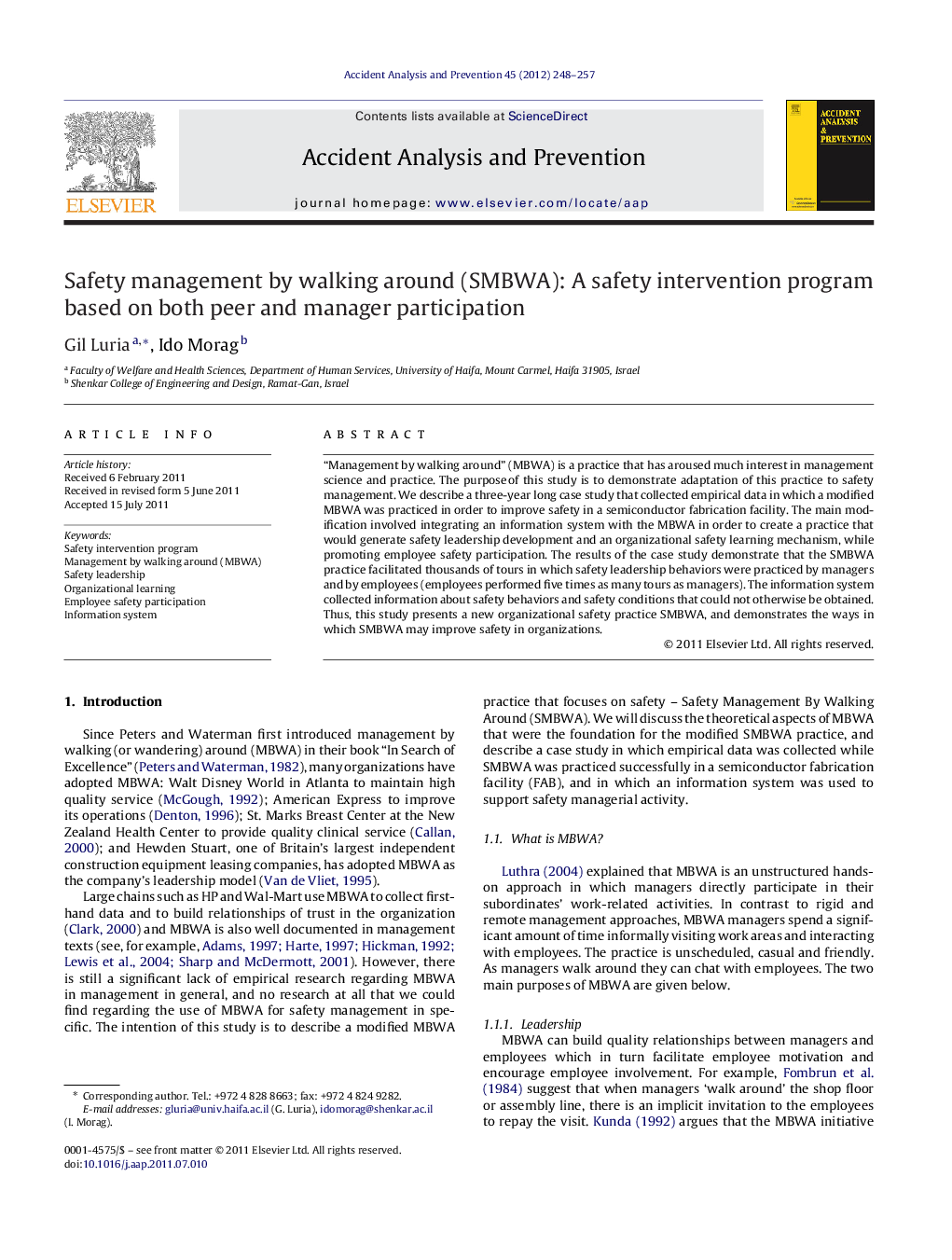 Safety management by walking around (SMBWA): A safety intervention program based on both peer and manager participation