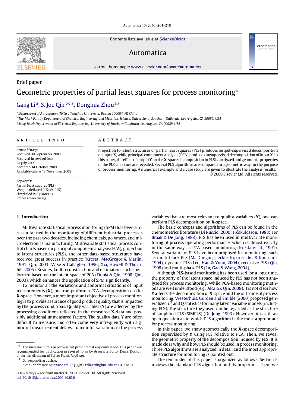 Geometric properties of partial least squares for process monitoring 