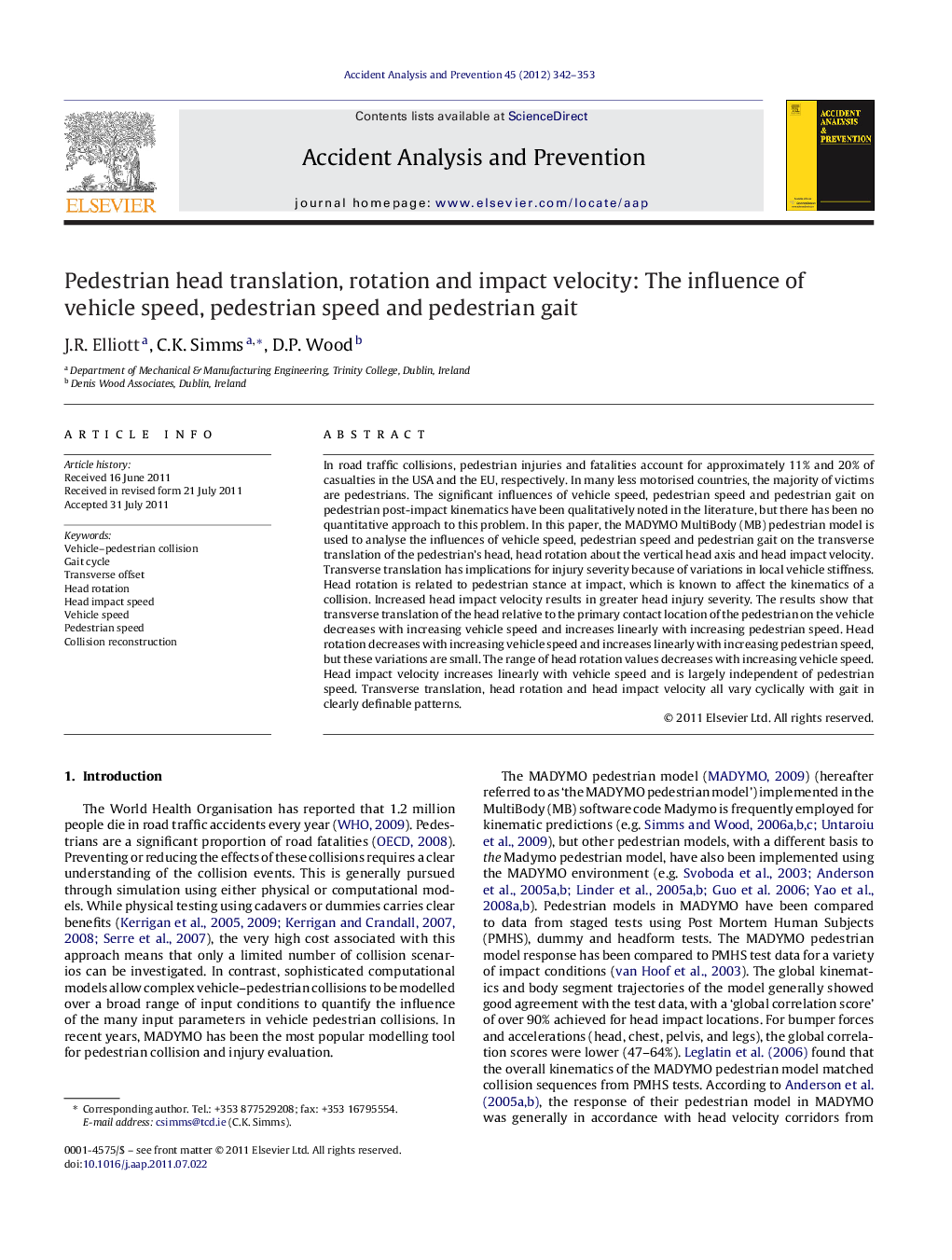 Pedestrian head translation, rotation and impact velocity: The influence of vehicle speed, pedestrian speed and pedestrian gait