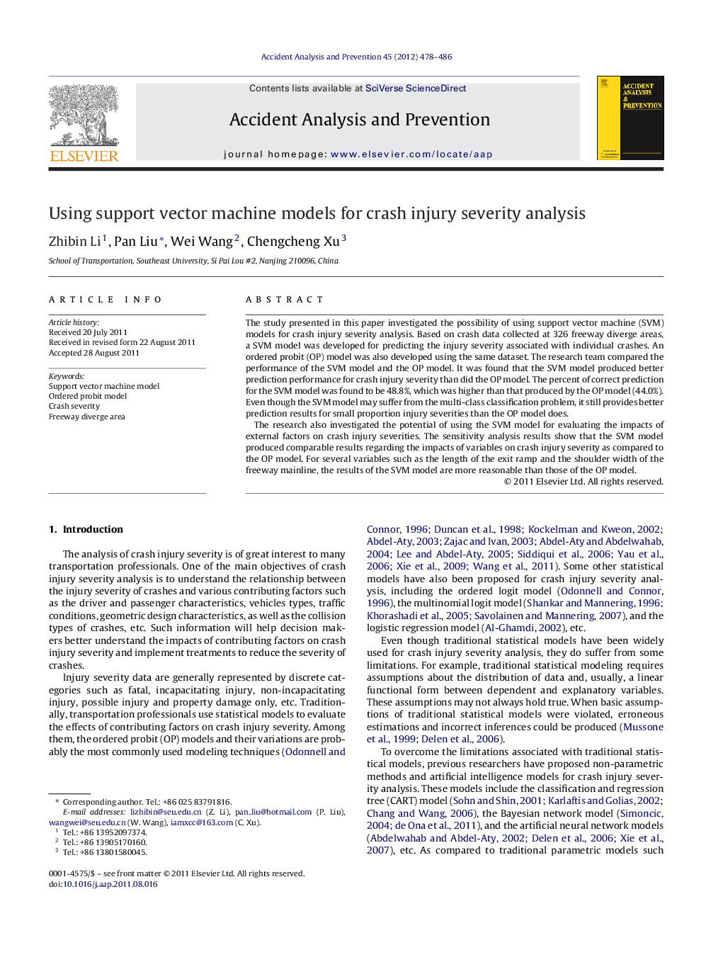 Using support vector machine models for crash injury severity analysis