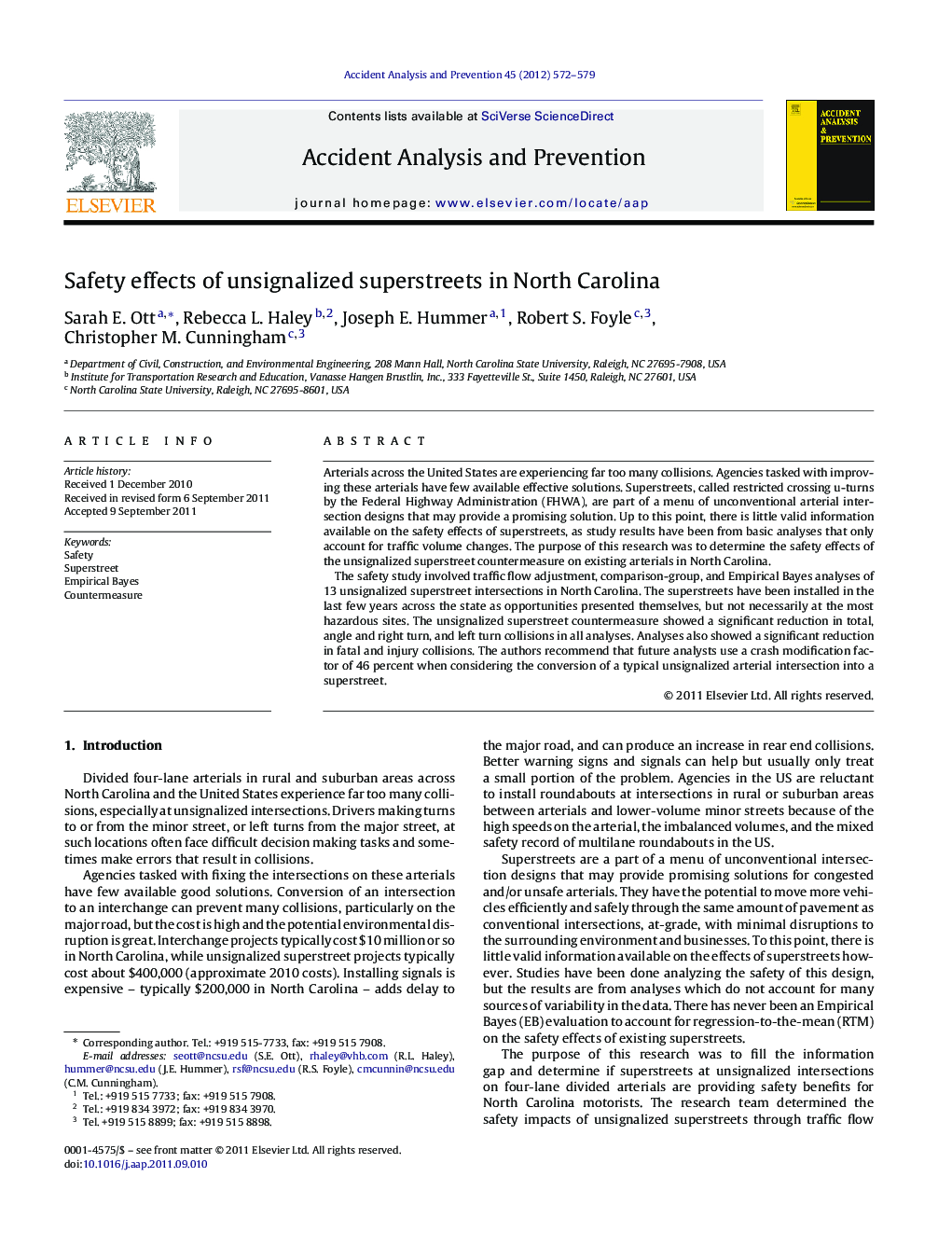 Safety effects of unsignalized superstreets in North Carolina