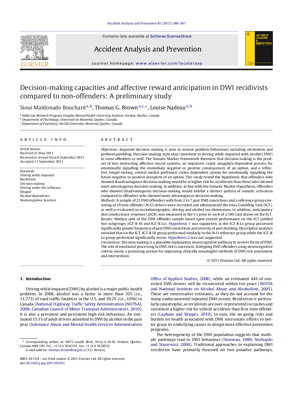 Decision-making capacities and affective reward anticipation in DWI recidivists compared to non-offenders: A preliminary study