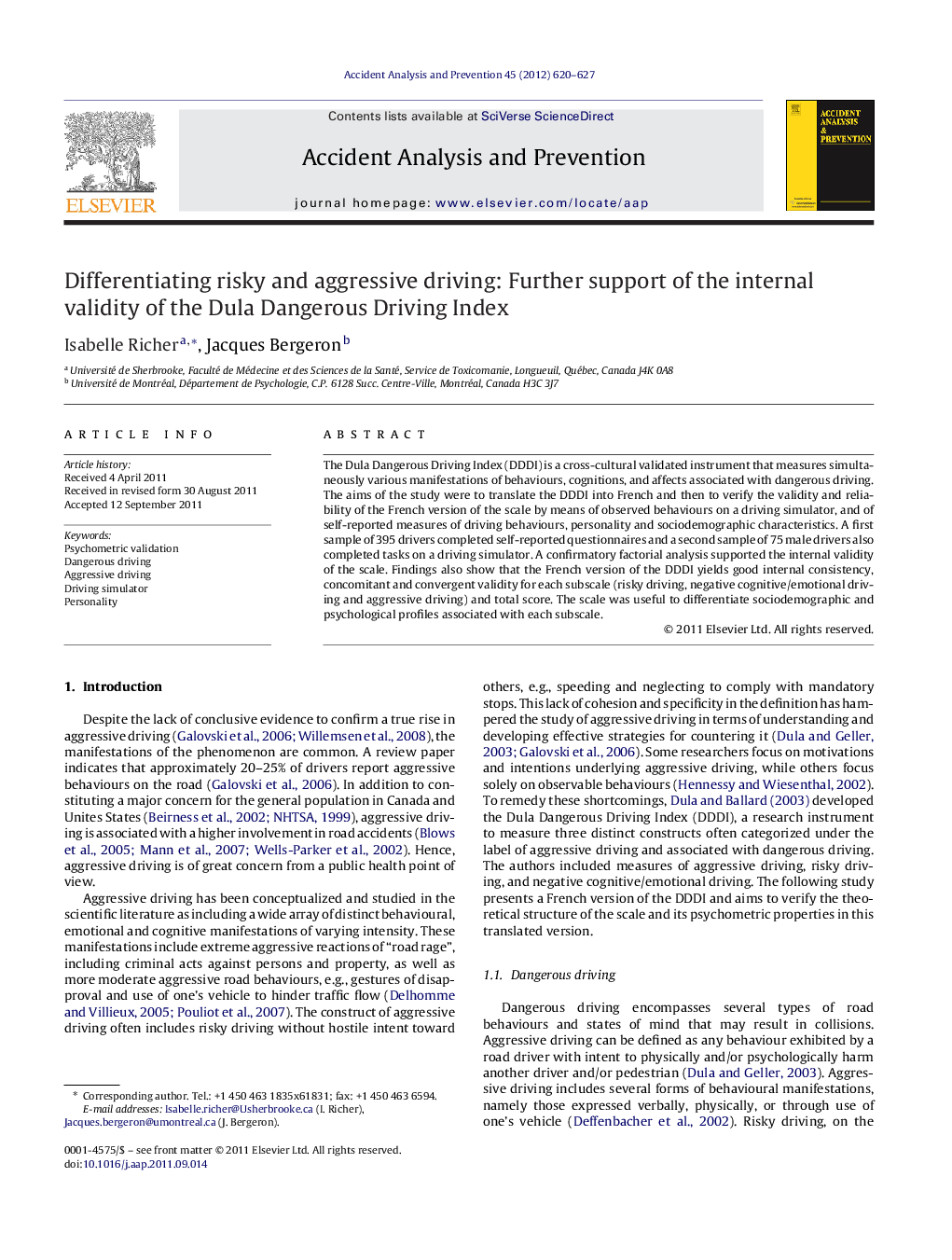 Differentiating risky and aggressive driving: Further support of the internal validity of the Dula Dangerous Driving Index