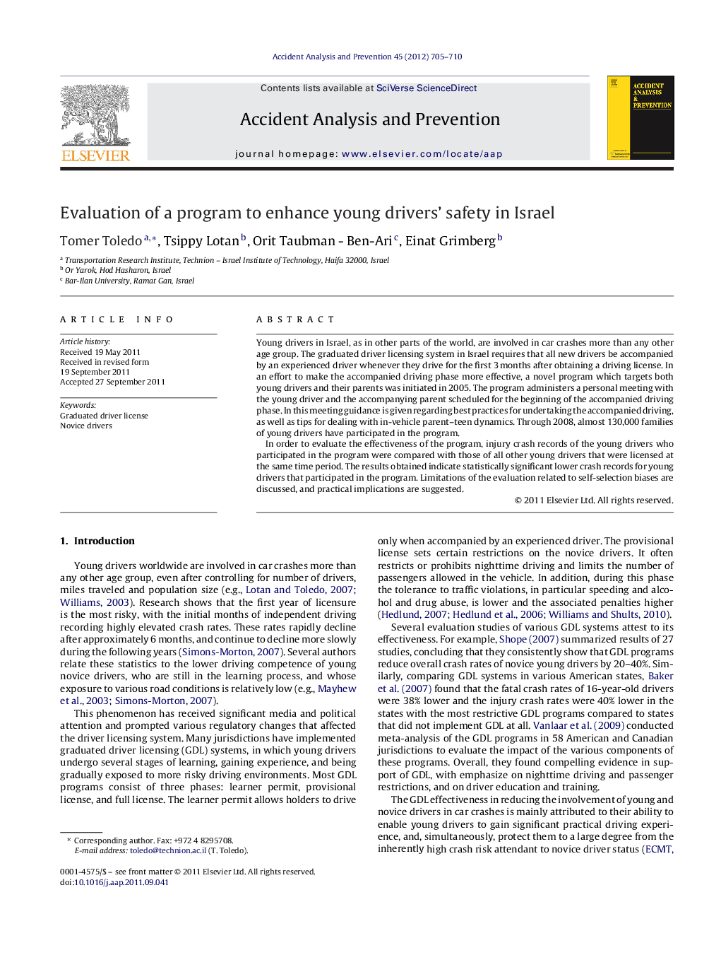 عکس صفحه اول مقاله: Evaluation of a program to enhance young drivers' safety in Israel Evaluation of a program to enhance young drivers' safety in Israel