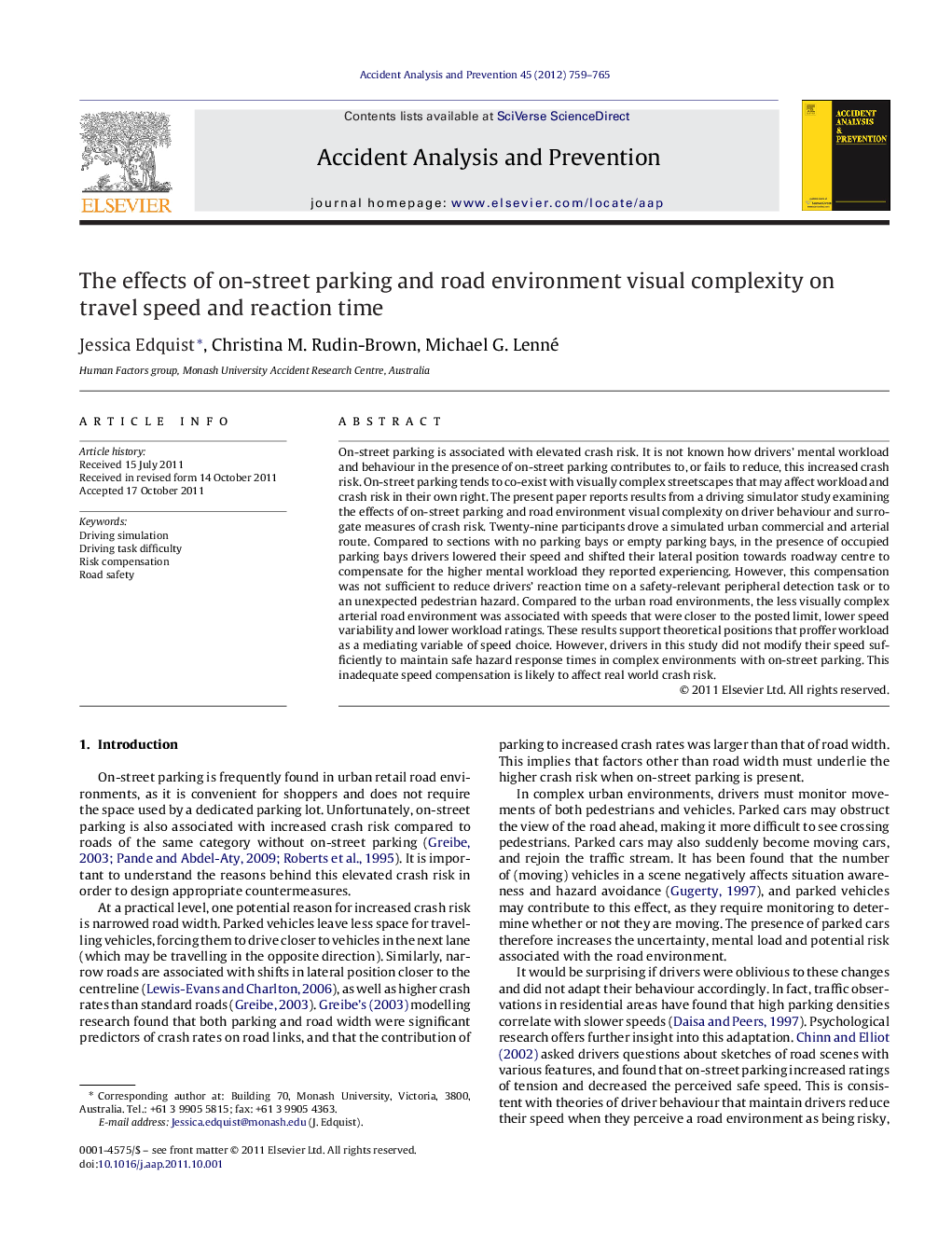 عکس صفحه اول مقاله: The effects of on-street parking and road environment visual complexity on travel speed and reaction time The effects of on-street parking and road environment visual complexity on travel speed and reaction time