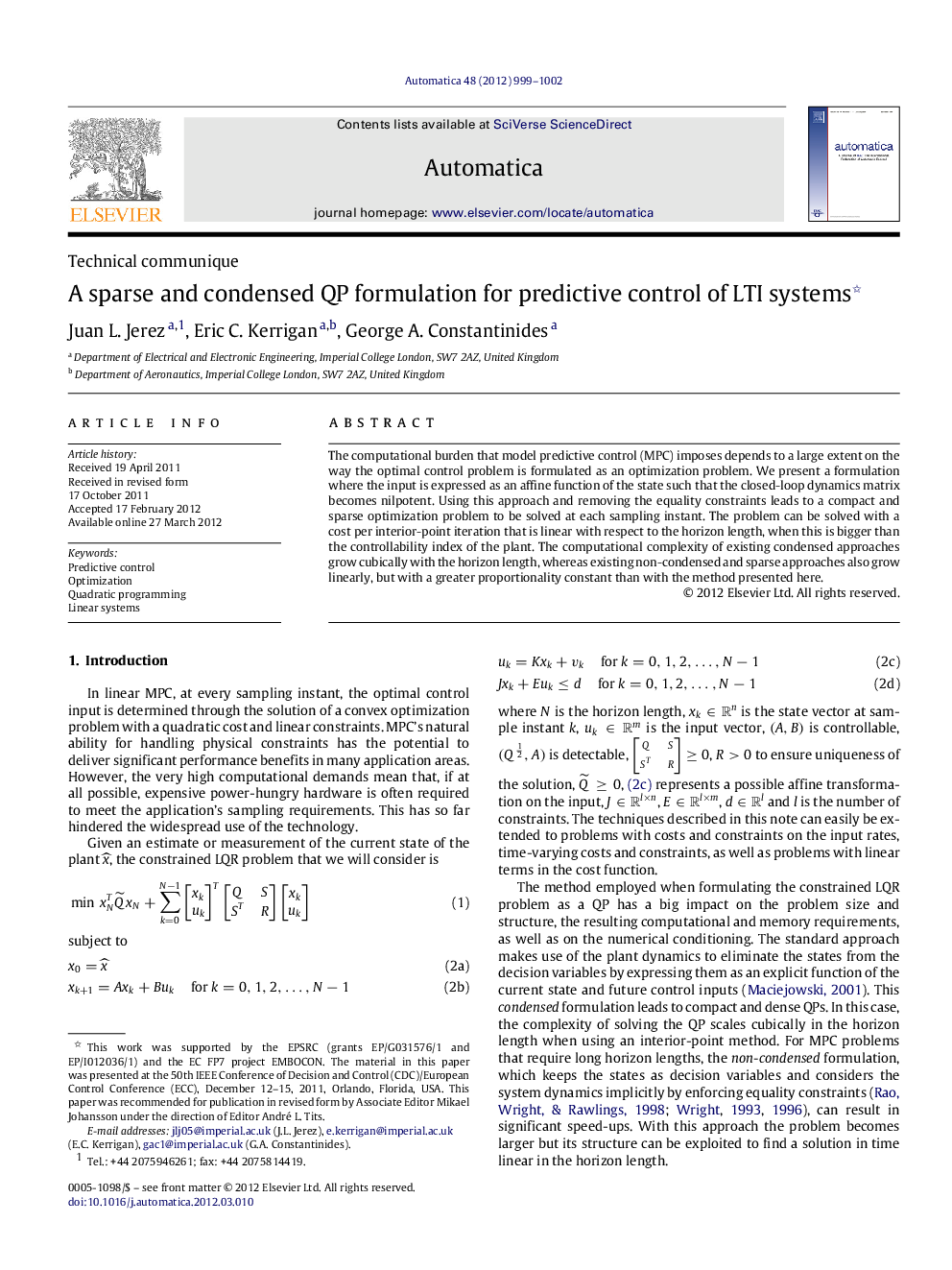 A sparse and condensed QP formulation for predictive control of LTI systems 