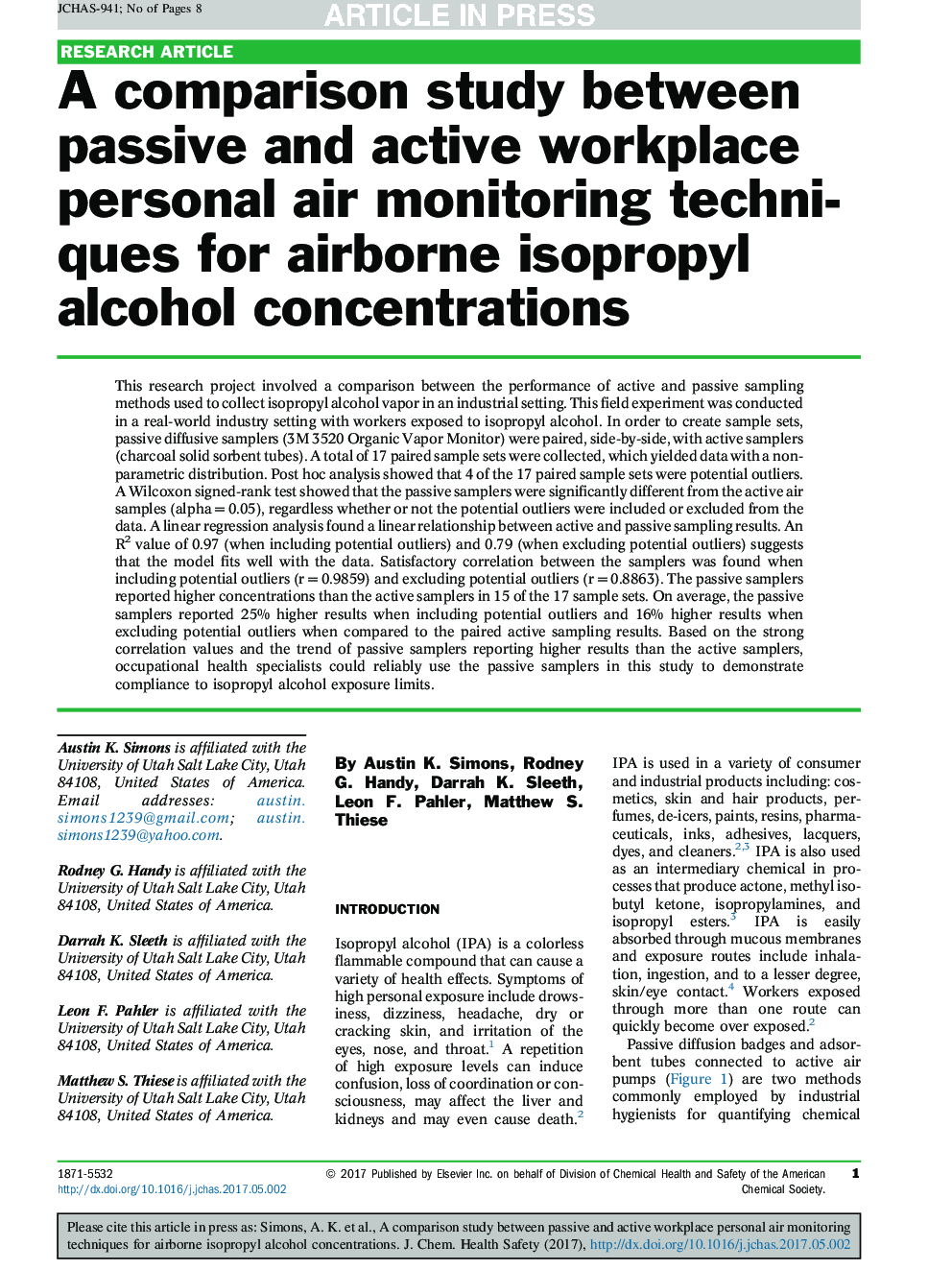 A comparison study between passive and active workplace personal air monitoring techniques for airborne isopropyl alcohol concentrations