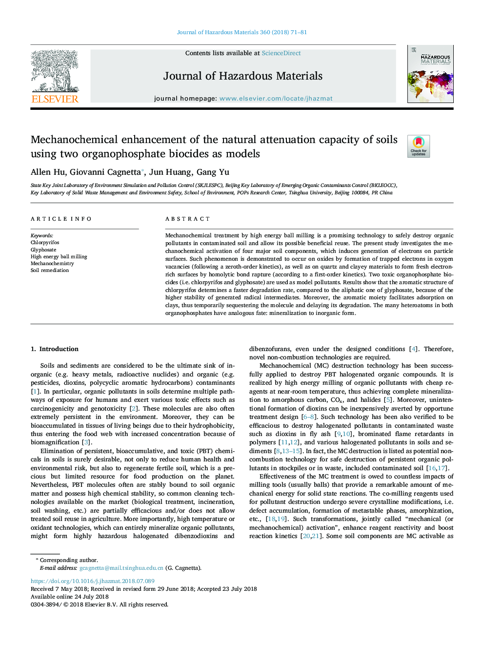 Mechanochemical enhancement of the natural attenuation capacity of soils using two organophosphate biocides as models