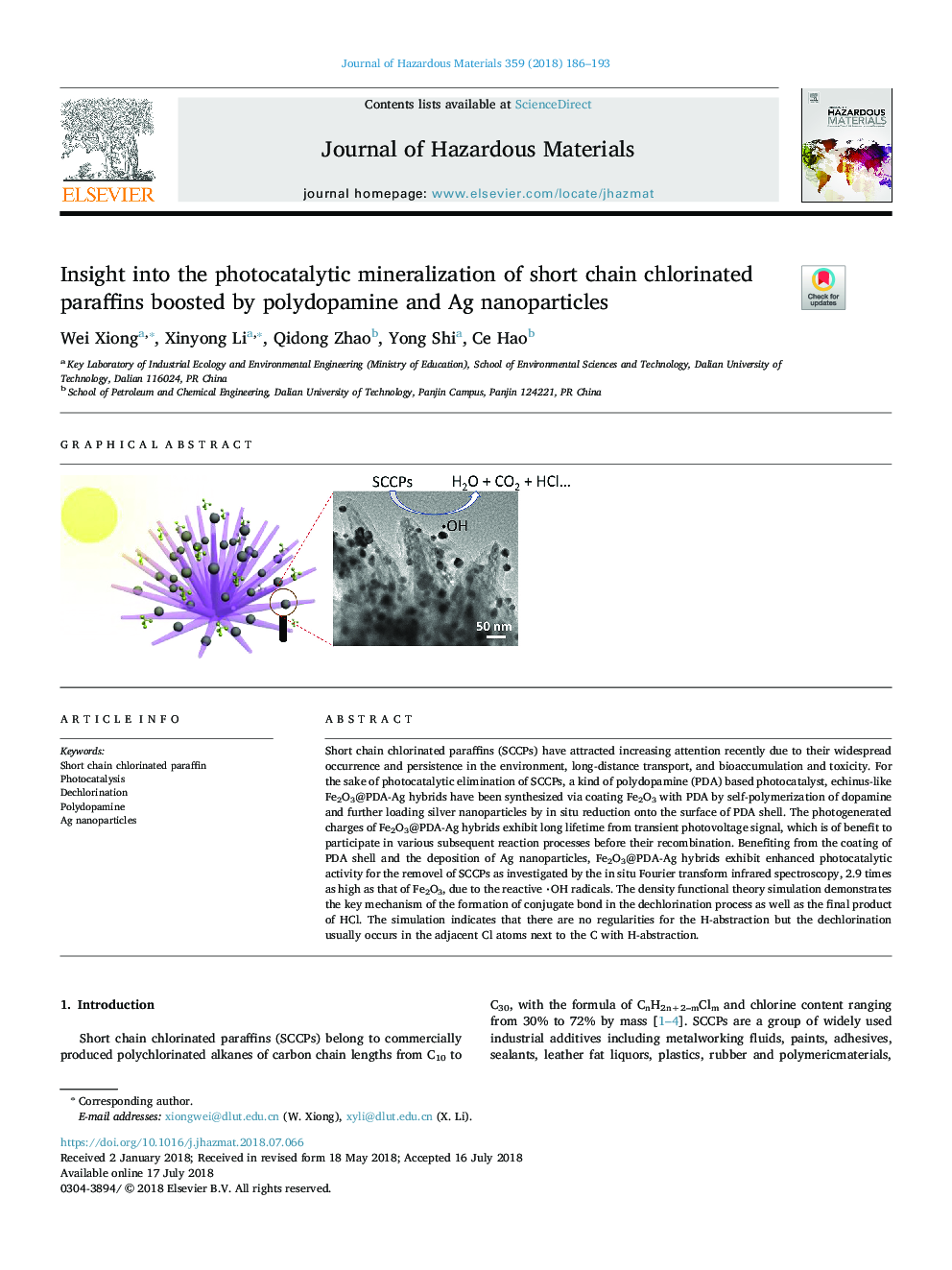 Insight into the photocatalytic mineralization of short chain chlorinated paraffins boosted by polydopamine and Ag nanoparticles