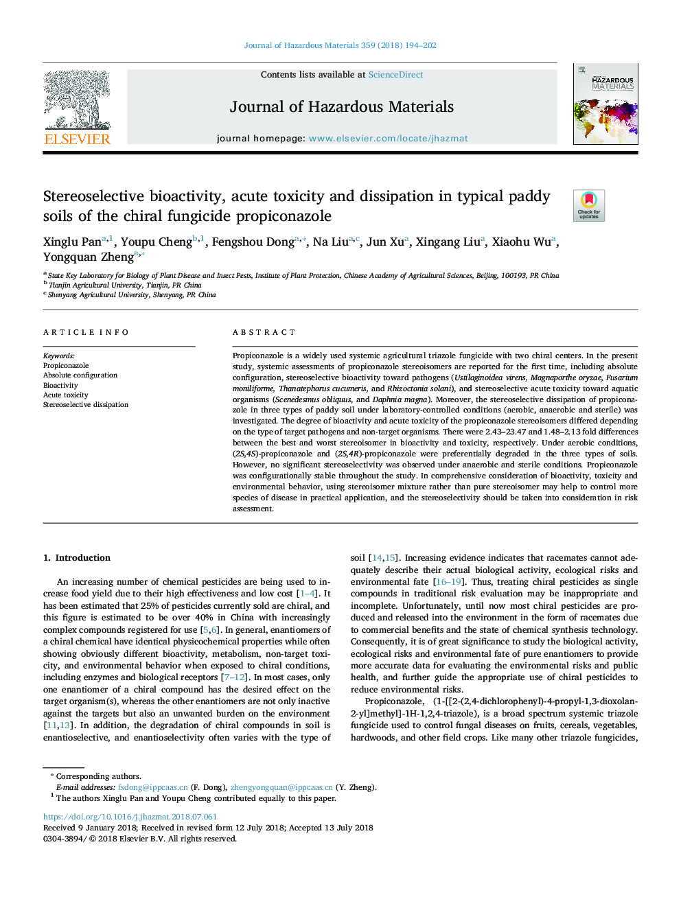 Stereoselective bioactivity, acute toxicity and dissipation in typical paddy soils of the chiral fungicide propiconazole