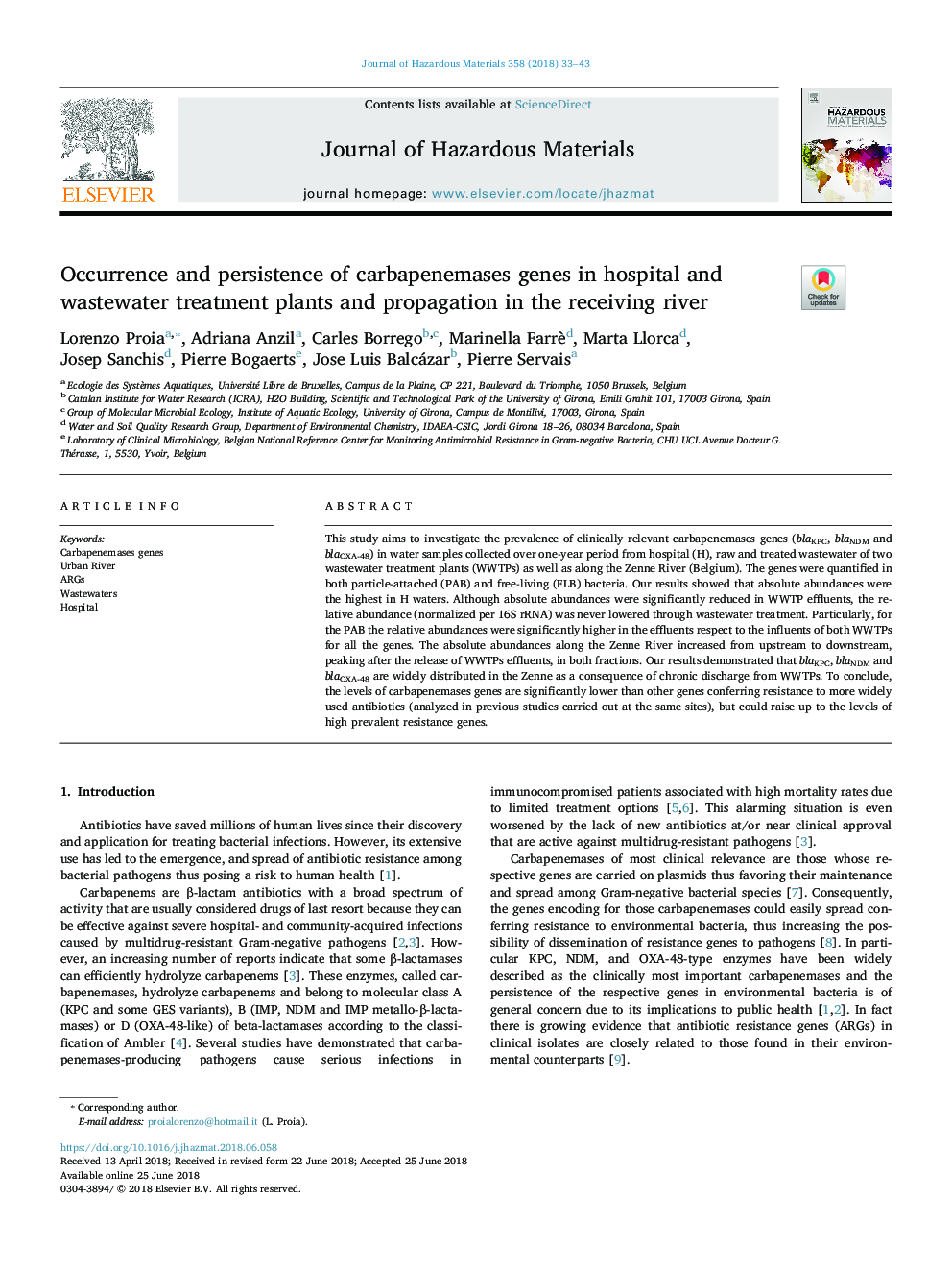 Occurrence and persistence of carbapenemases genes in hospital and wastewater treatment plants and propagation in the receiving river