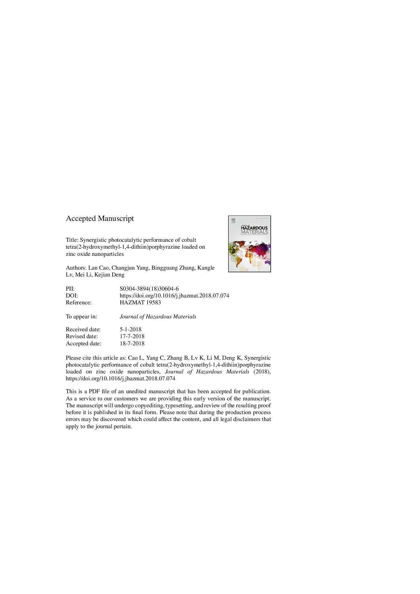 Synergistic photocatalytic performance of cobalt tetra(2-hydroxymethyl-1,4-dithiin)porphyrazine loaded on zinc oxide nanoparticles