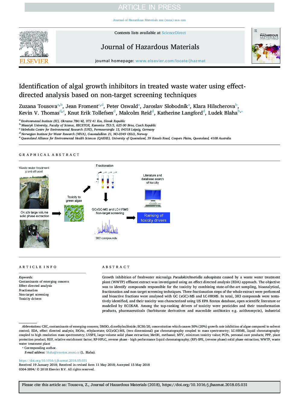 Identification of algal growth inhibitors in treated waste water using effect-directed analysis based on non-target screening techniques