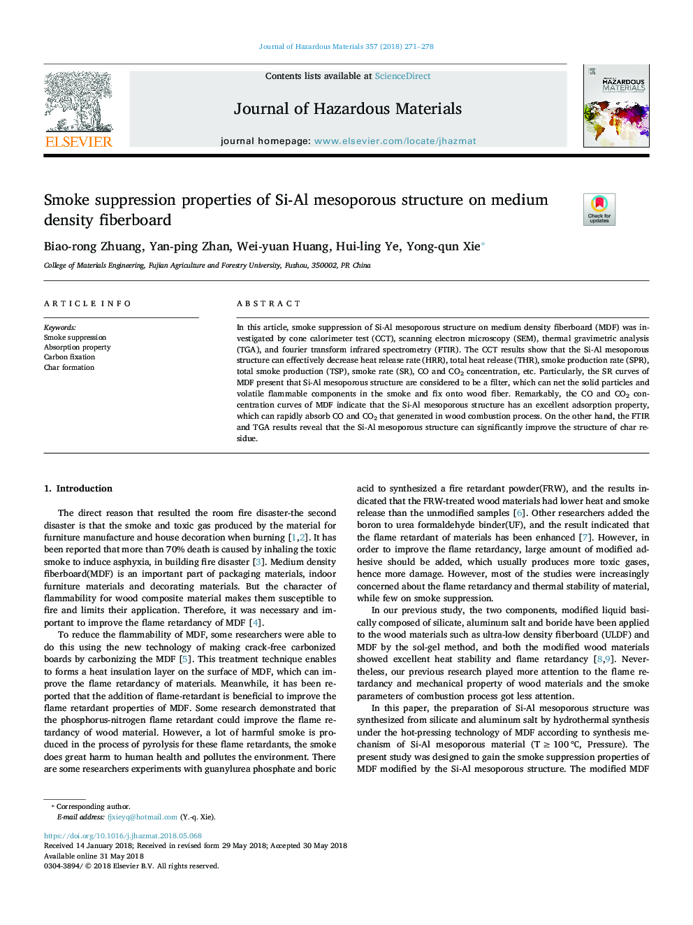 Smoke suppression properties of Si-Al mesoporous structure on medium density fiberboard