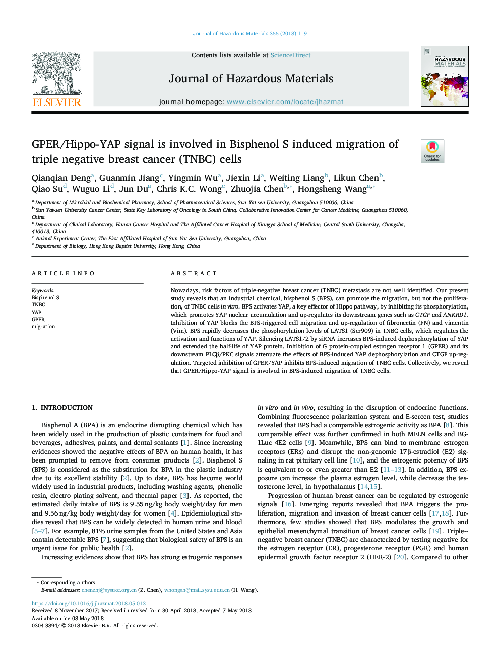 GPER/Hippo-YAP signal is involved in Bisphenol S induced migration of triple negative breast cancer (TNBC) cells