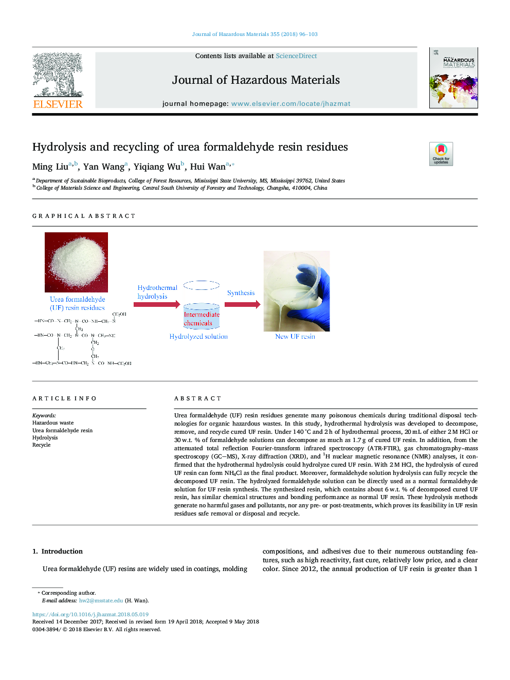 Hydrolysis and recycling of urea formaldehyde resin residues