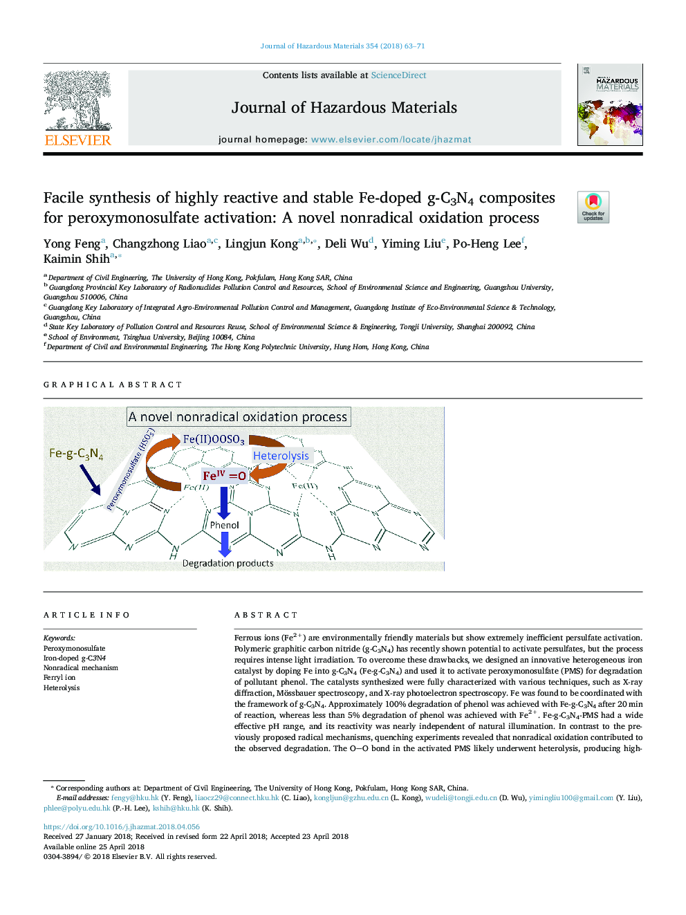 Facile synthesis of highly reactive and stable Fe-doped g-C3N4 composites for peroxymonosulfate activation: A novel nonradical oxidation process