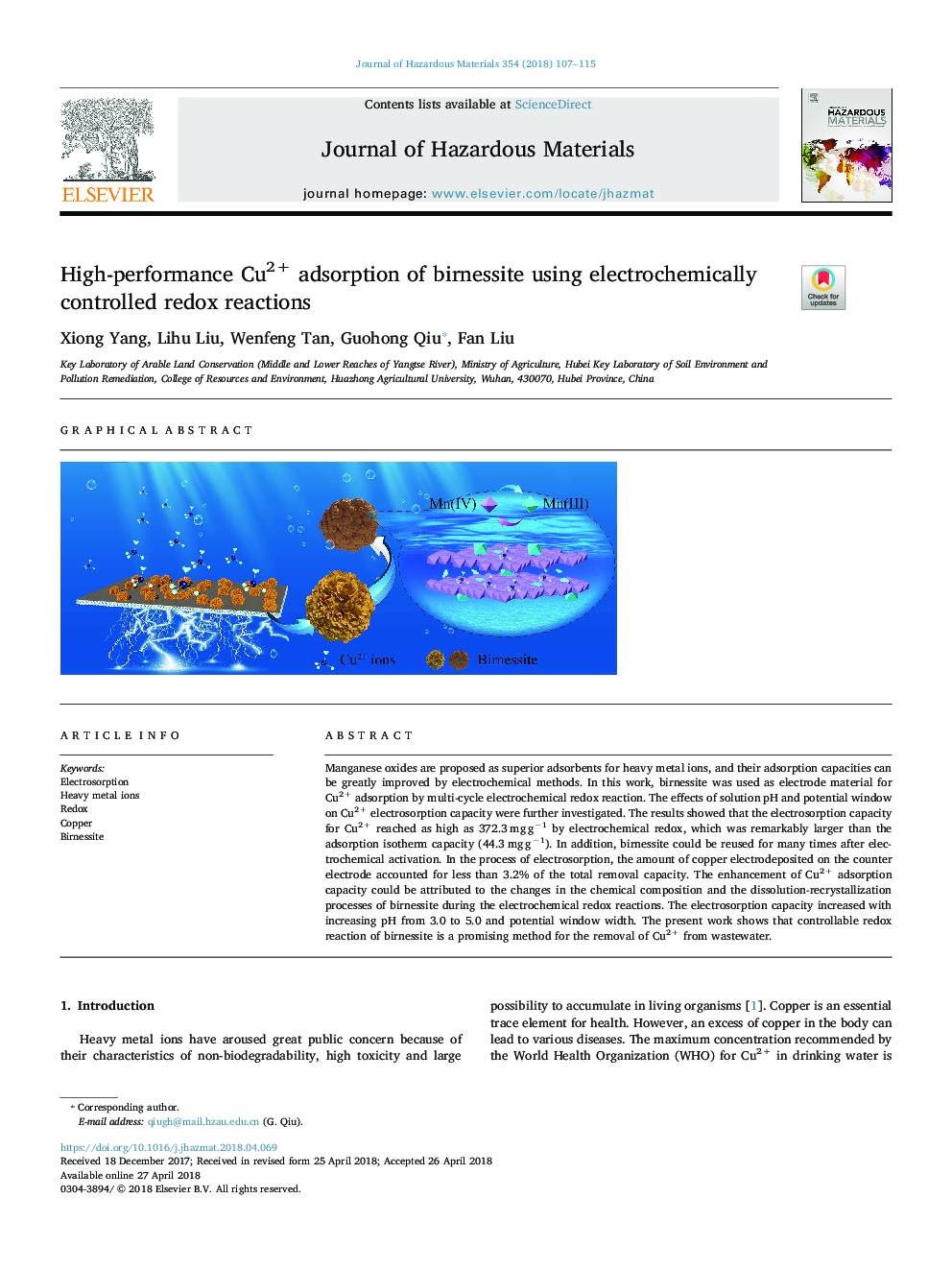 High-performance Cu2+ adsorption of birnessite using electrochemically controlled redox reactions