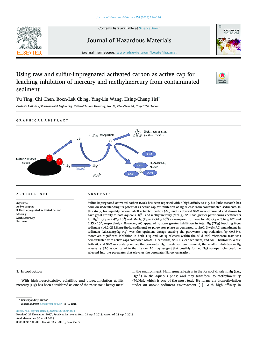 Using raw and sulfur-impregnated activated carbon as active cap for leaching inhibition of mercury and methylmercury from contaminated sediment