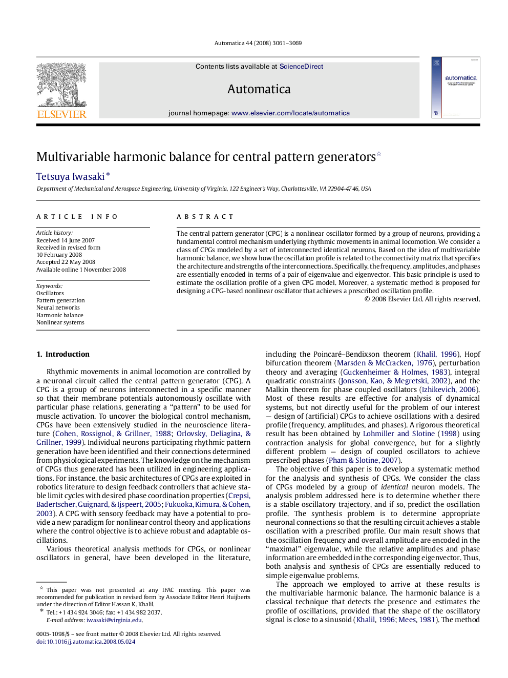 Multivariable harmonic balance for central pattern generators 