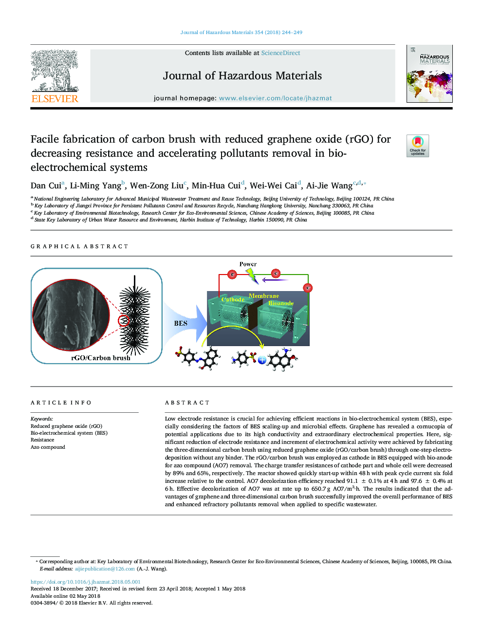 Facile fabrication of carbon brush with reduced graphene oxide (rGO) for decreasing resistance and accelerating pollutants removal in bio-electrochemical systems