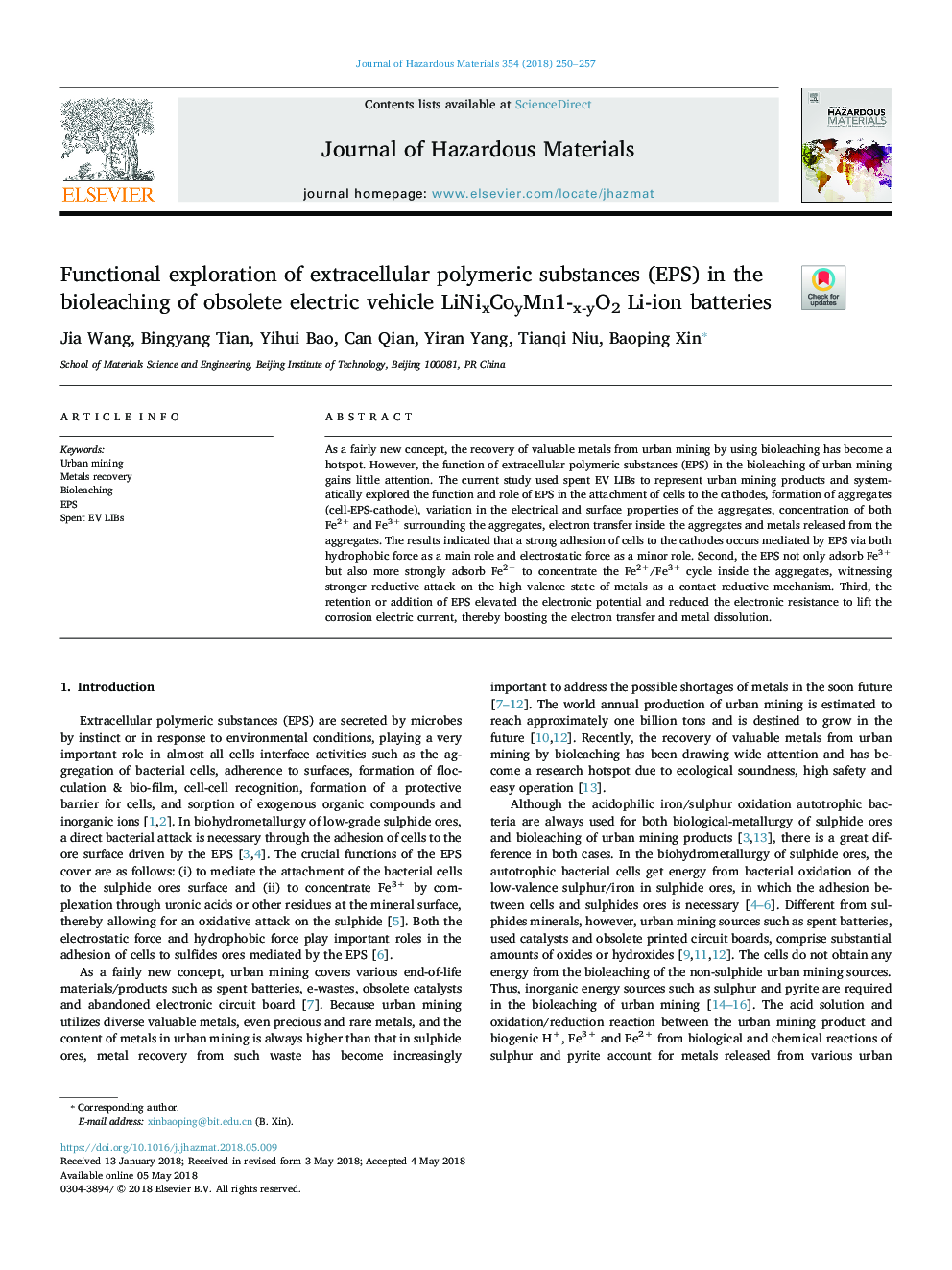 عکس صفحه اول مقاله: Functional exploration of extracellular polymeric substances (EPS) in the bioleaching of obsolete electric vehicle LiNixCoyMn1-x-yO2 Li-ion batteries Functional exploration of extracellular polymeric substances (EPS) in the bioleaching of obsolete electric vehicle LiNixCoyMn1-x-yO2 Li-ion batteries