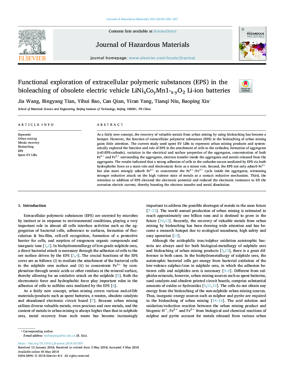 Functional exploration of extracellular polymeric substances (EPS) in the bioleaching of obsolete electric vehicle LiNixCoyMn1-x-yO2 Li-ion batteries