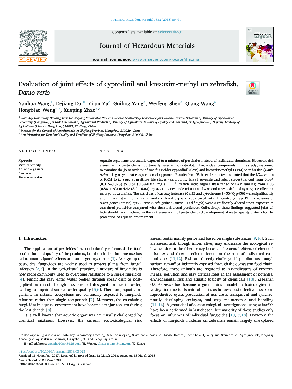 Evaluation of joint effects of cyprodinil and kresoxim-methyl on zebrafish, Danio rerio