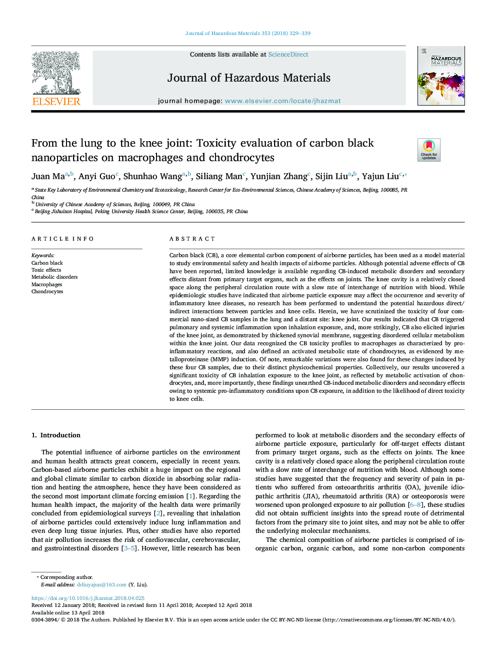 From the lung to the knee joint: Toxicity evaluation of carbon black nanoparticles on macrophages and chondrocytes