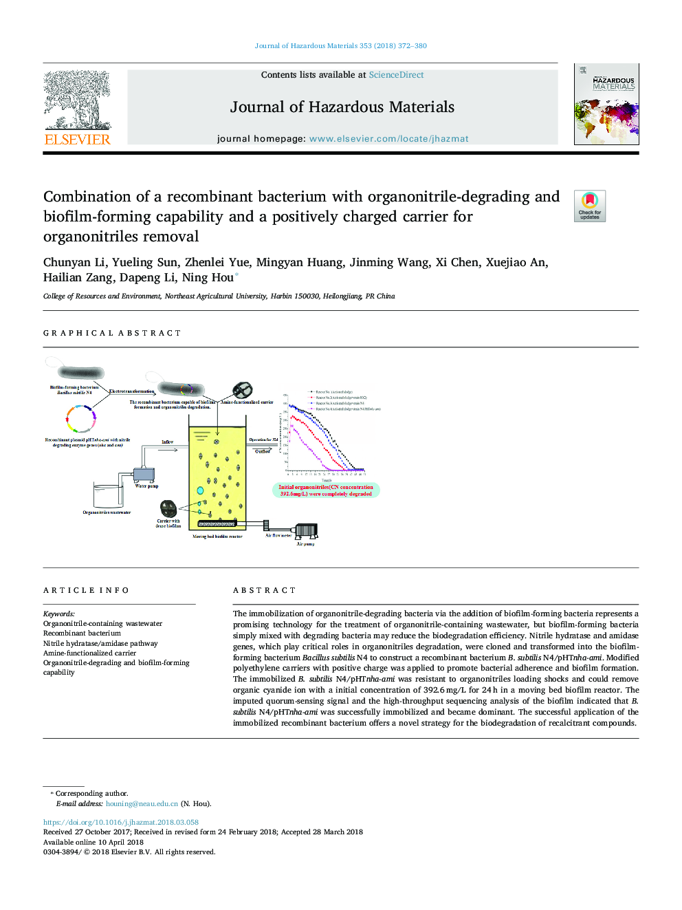 Combination of a recombinant bacterium with organonitrile-degrading and biofilm-forming capability and a positively charged carrier for organonitriles removal