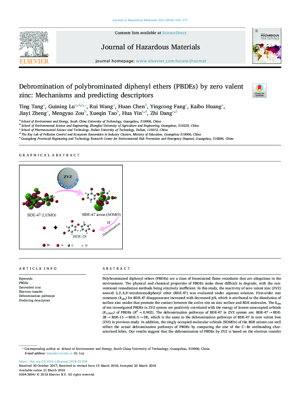 عکس صفحه اول مقاله: Debromination of polybrominated diphenyl ethers (PBDEs) by zero valent zinc: Mechanisms and predicting descriptors Debromination of polybrominated diphenyl ethers (PBDEs) by zero valent zinc: Mechanisms and predicting descriptors