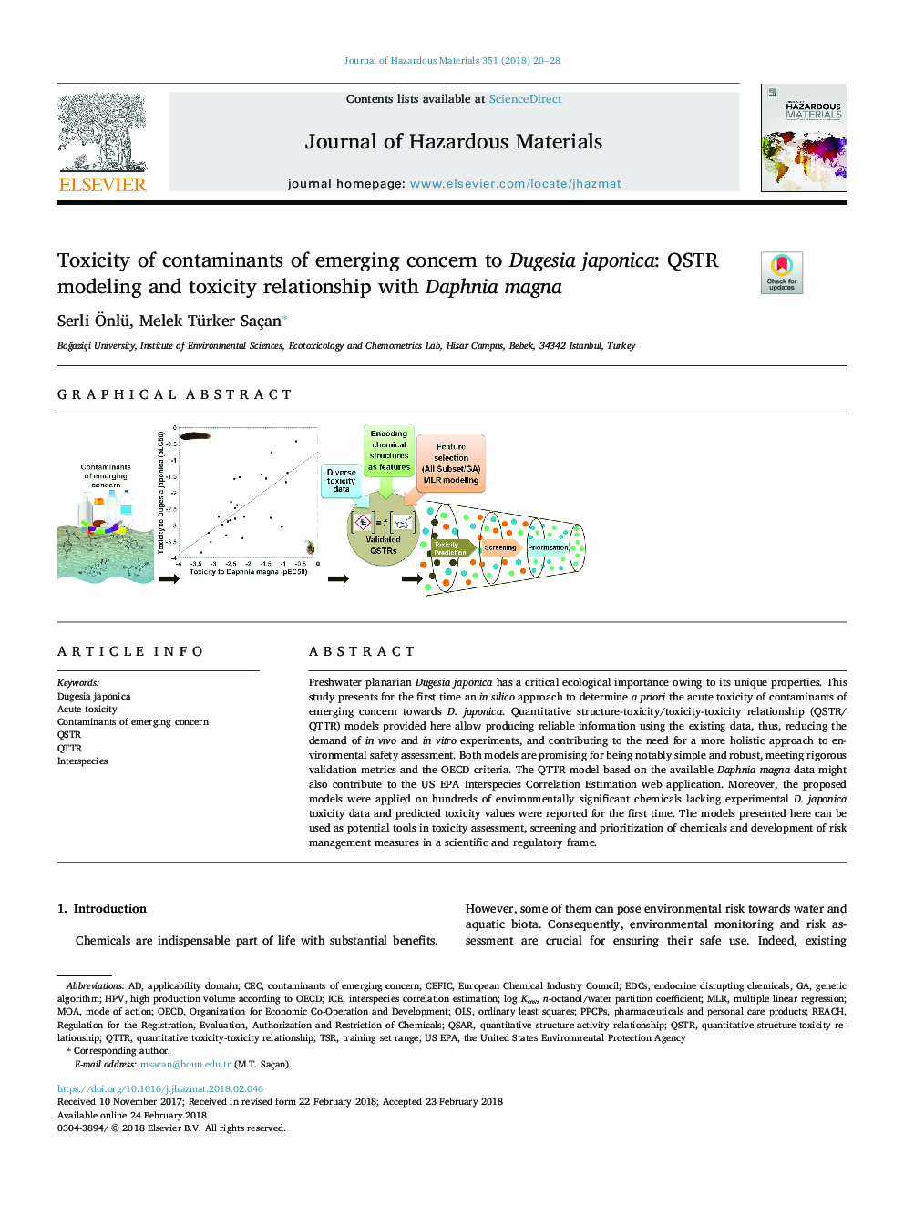 Toxicity of contaminants of emerging concern to Dugesia japonica: QSTR modeling and toxicity relationship with Daphnia magna