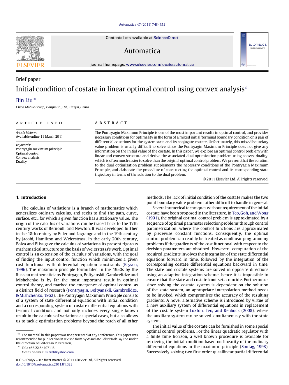 Initial condition of costate in linear optimal control using convex analysis 