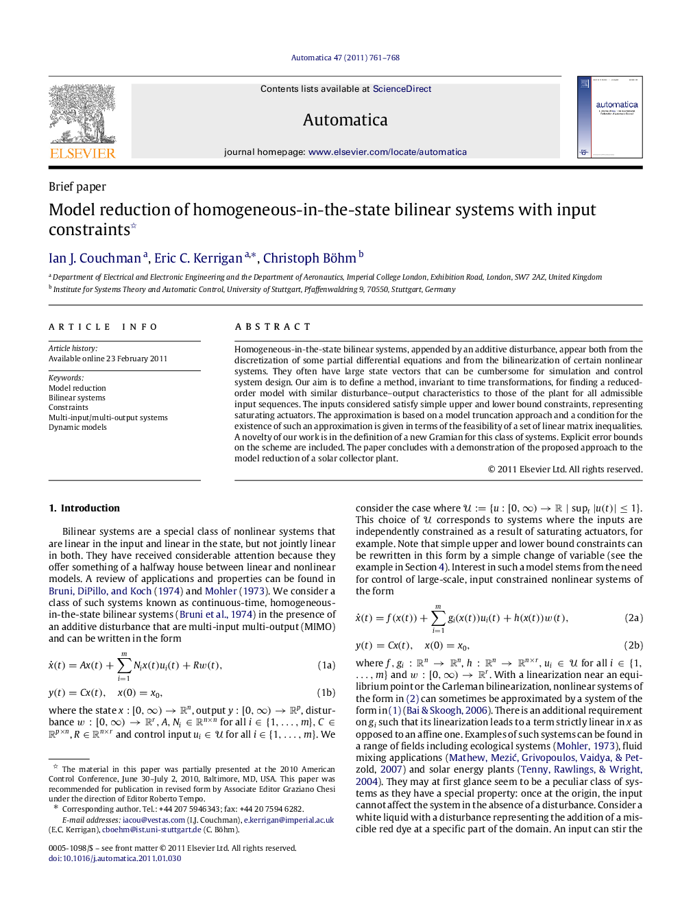 Model reduction of homogeneous-in-the-state bilinear systems with input constraints 