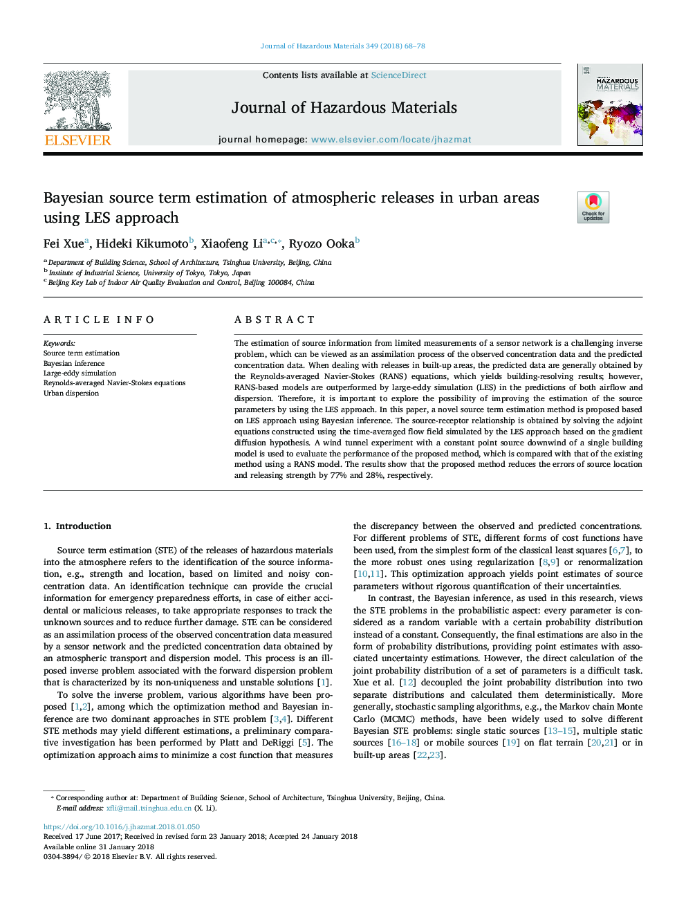 Bayesian source term estimation of atmospheric releases in urban areas using LES approach