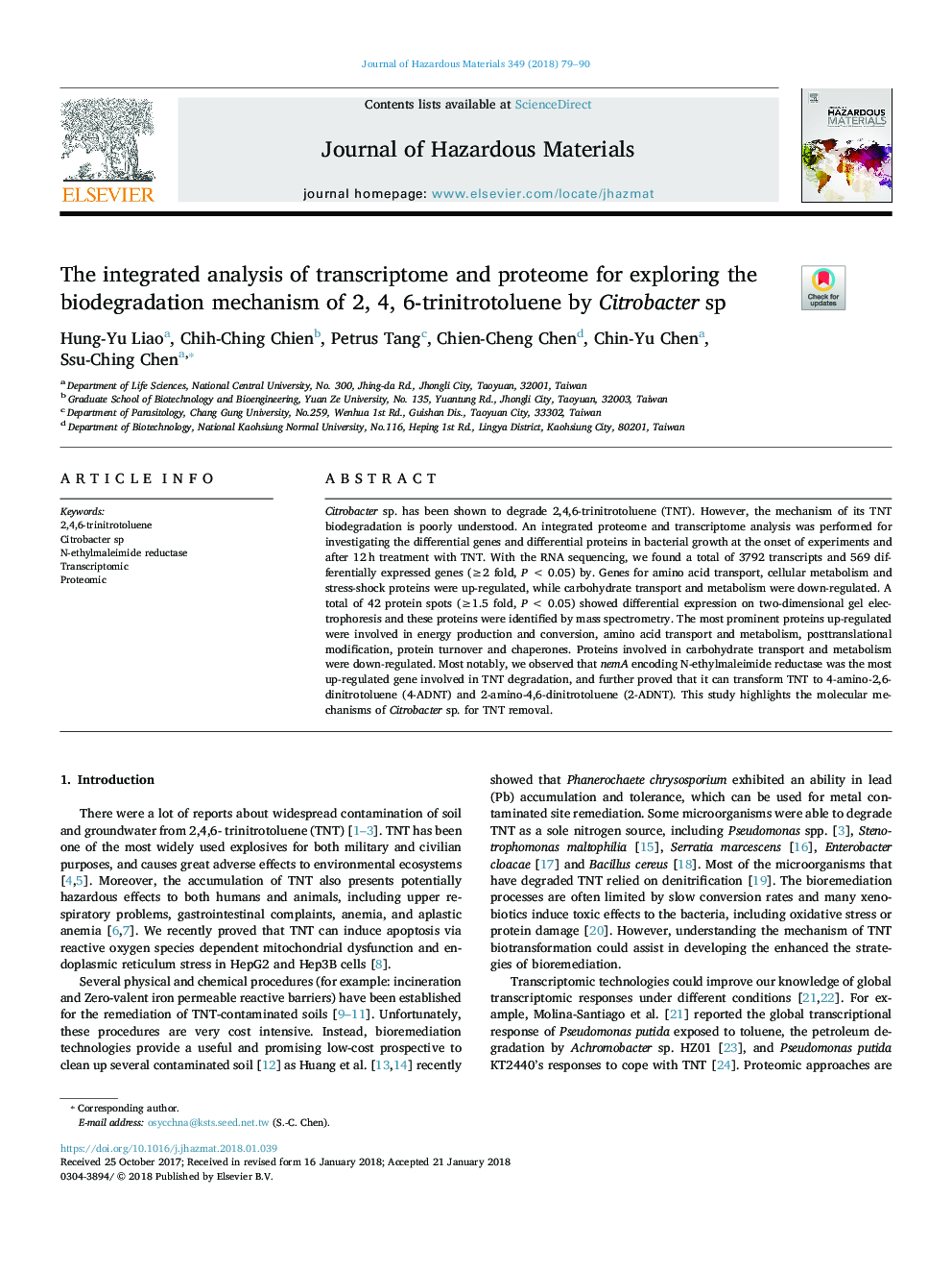 The integrated analysis of transcriptome and proteome for exploring the biodegradation mechanism of 2, 4, 6-trinitrotoluene by Citrobacter sp