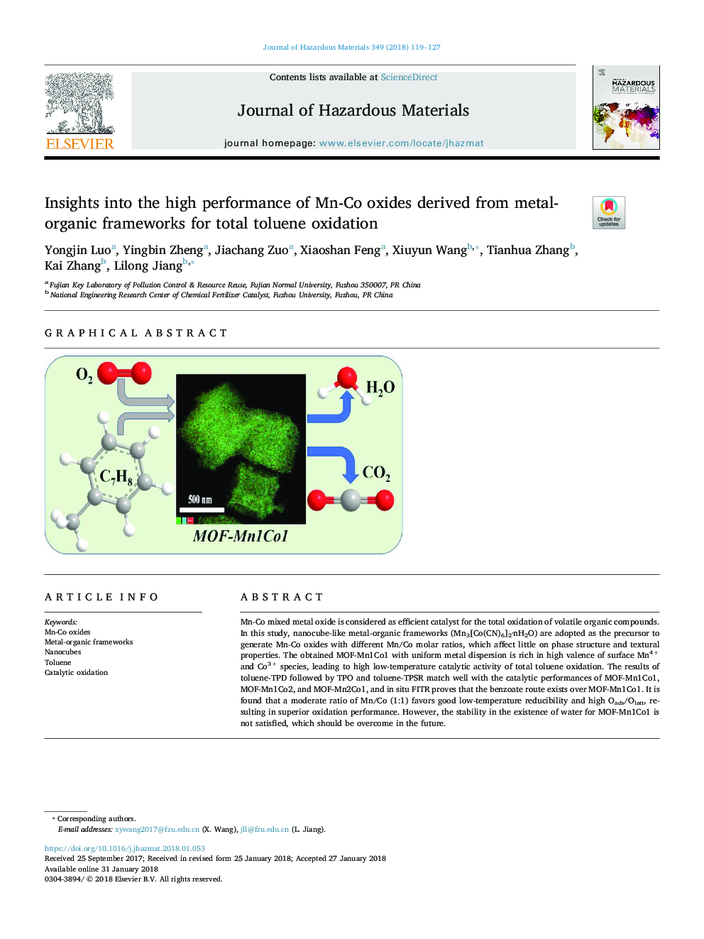 Insights into the high performance of Mn-Co oxides derived from metal-organic frameworks for total toluene oxidation