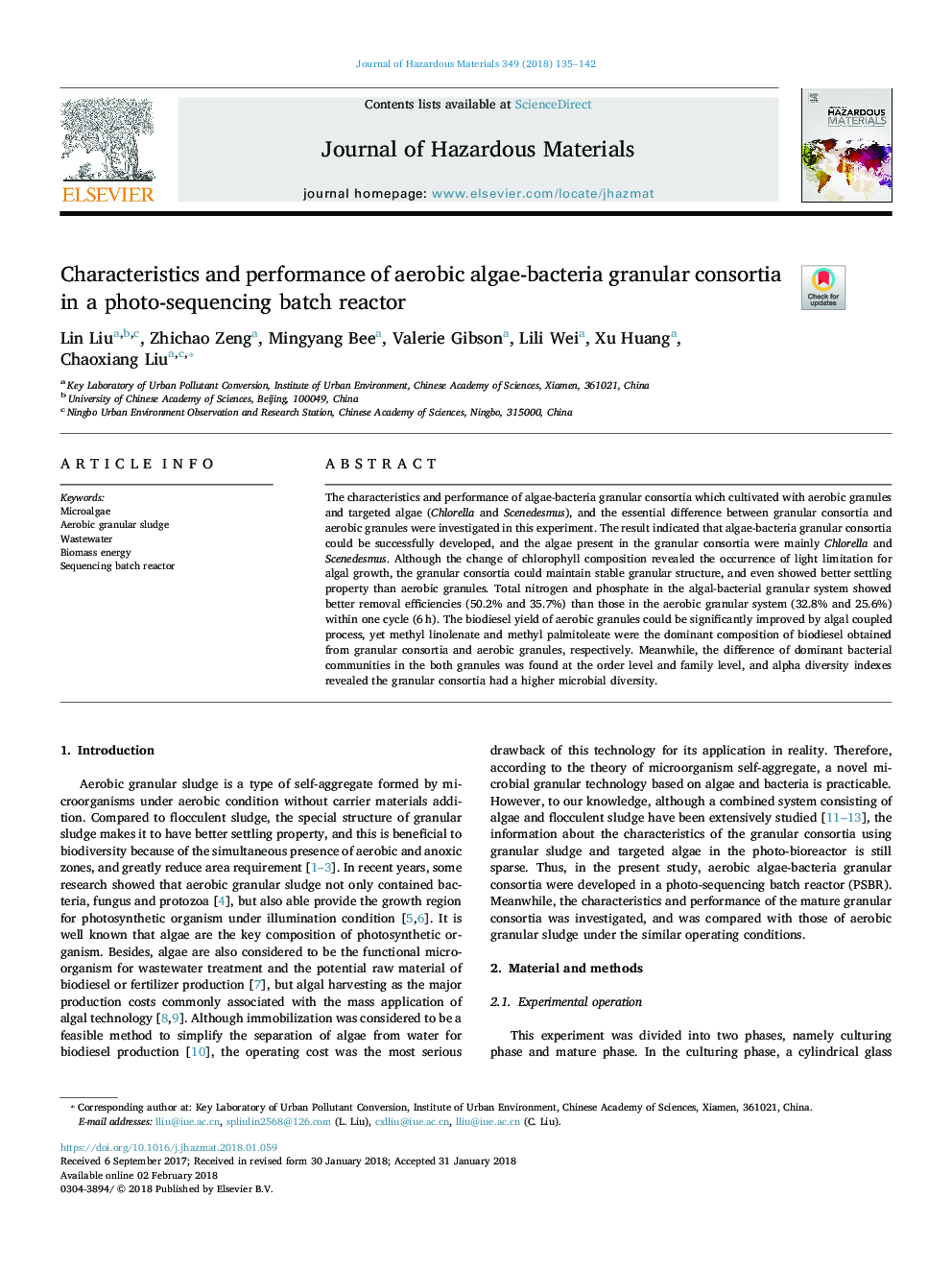 Characteristics and performance of aerobic algae-bacteria granular consortia in a photo-sequencing batch reactor