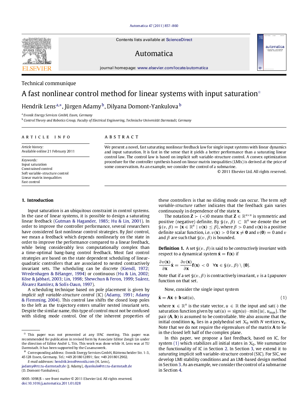 A fast nonlinear control method for linear systems with input saturation 