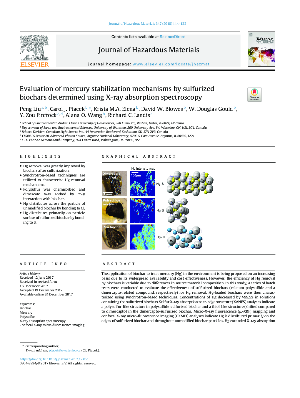 Evaluation of mercury stabilization mechanisms by sulfurized biochars determined using X-ray absorption spectroscopy