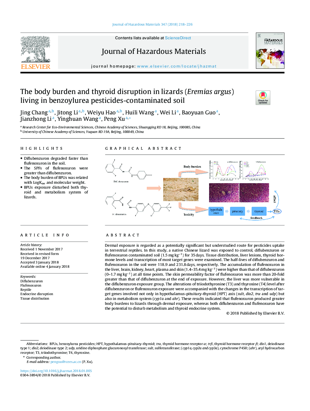 The body burden and thyroid disruption in lizards (Eremias argus) living in benzoylurea pesticides-contaminated soil