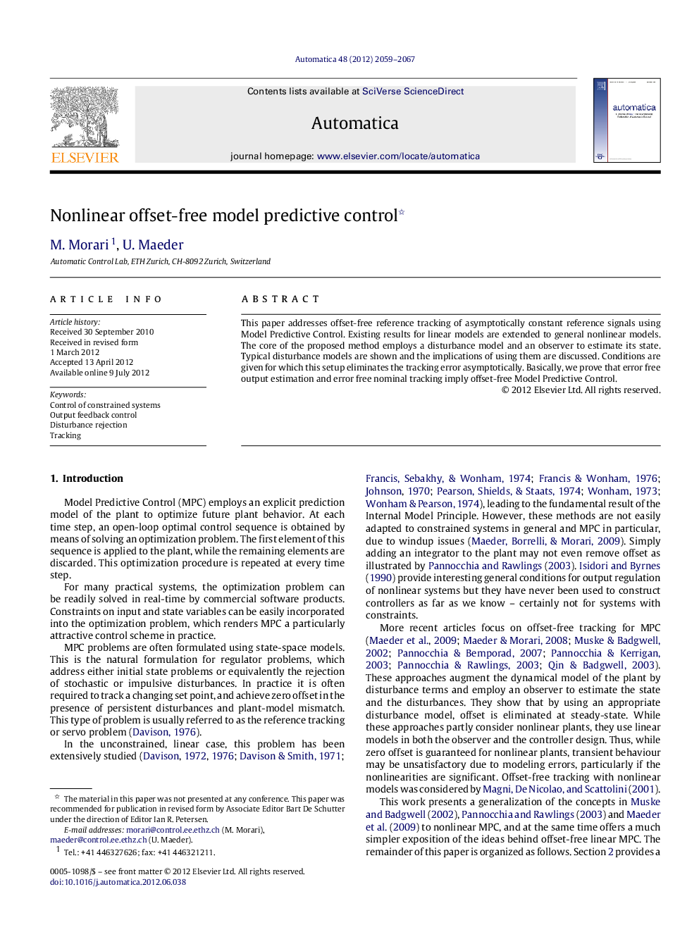 Nonlinear offset-free model predictive control 