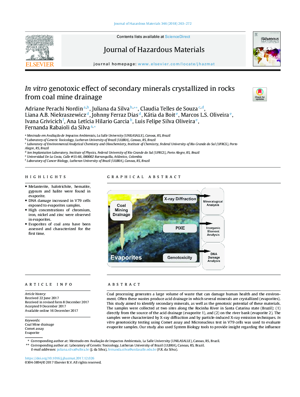 In vitro genotoxic effect of secondary minerals crystallized in rocks from coal mine drainage