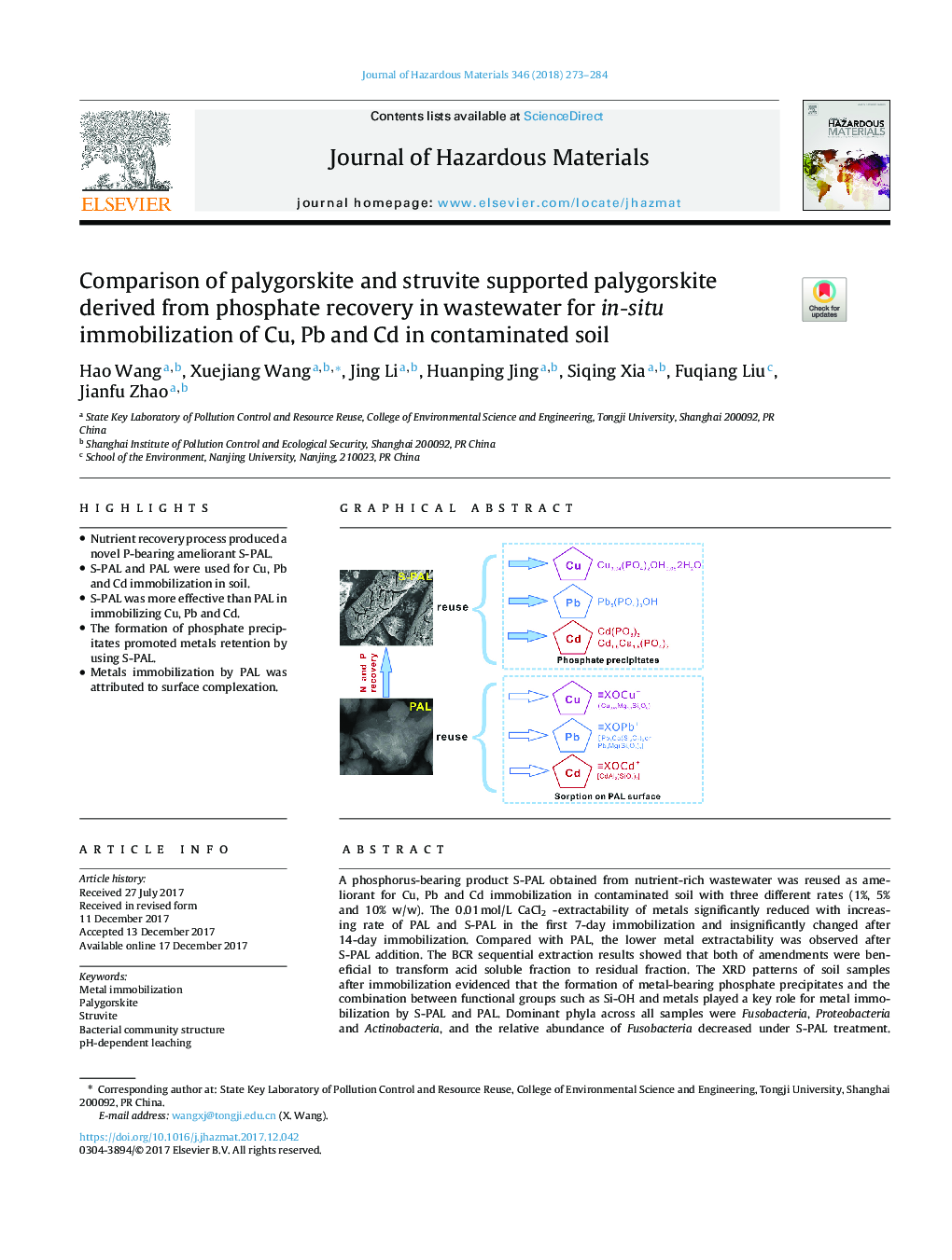 Comparison of palygorskite and struvite supported palygorskite derived from phosphate recovery in wastewater for in-situ immobilization of Cu, Pb and Cd in contaminated soil