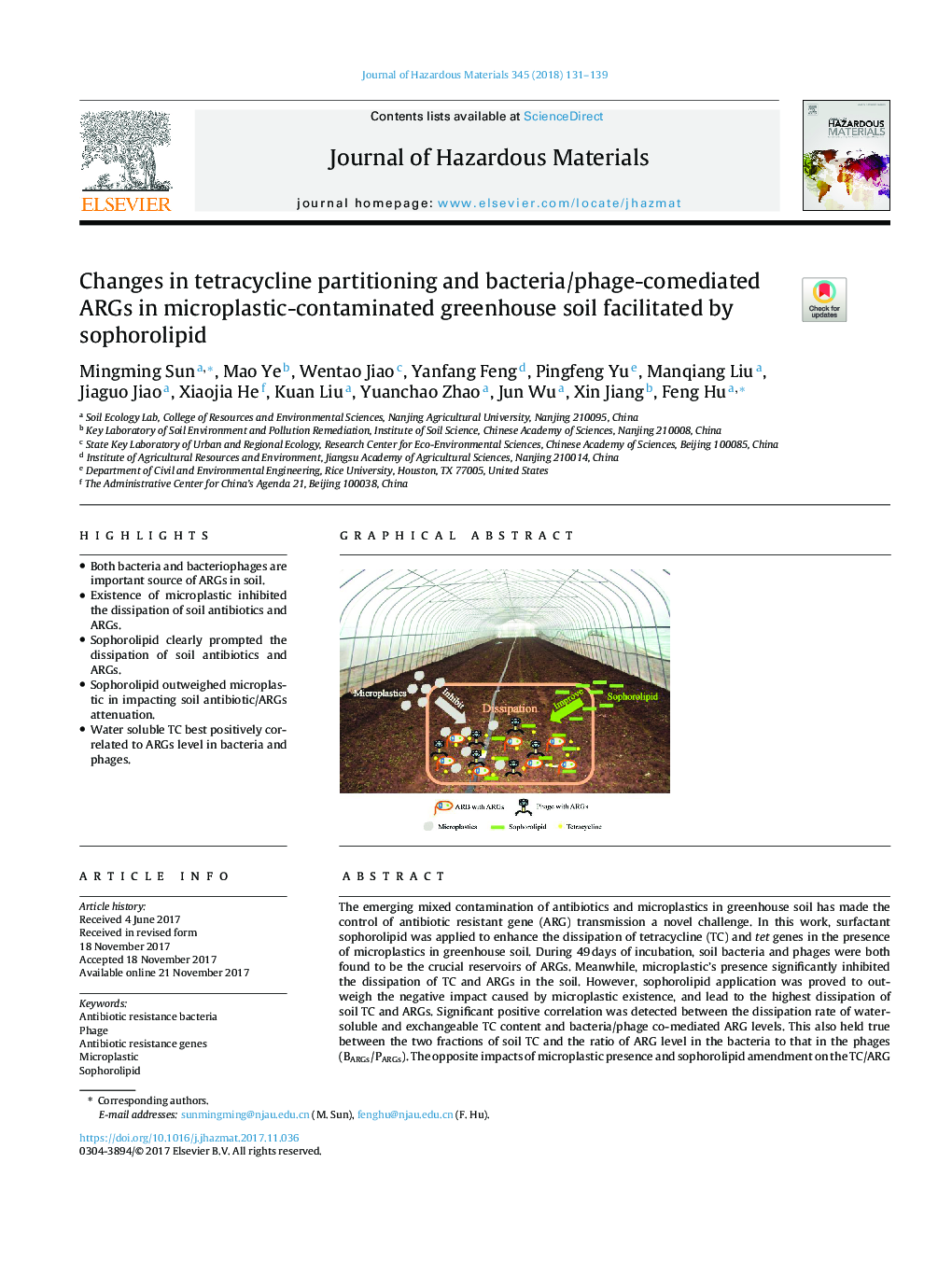 Changes in tetracycline partitioning and bacteria/phage-comediated ARGs in microplastic-contaminated greenhouse soil facilitated by sophorolipid