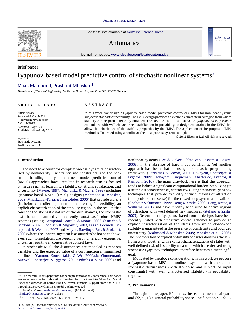 Lyapunov-based model predictive control of stochastic nonlinear systems 